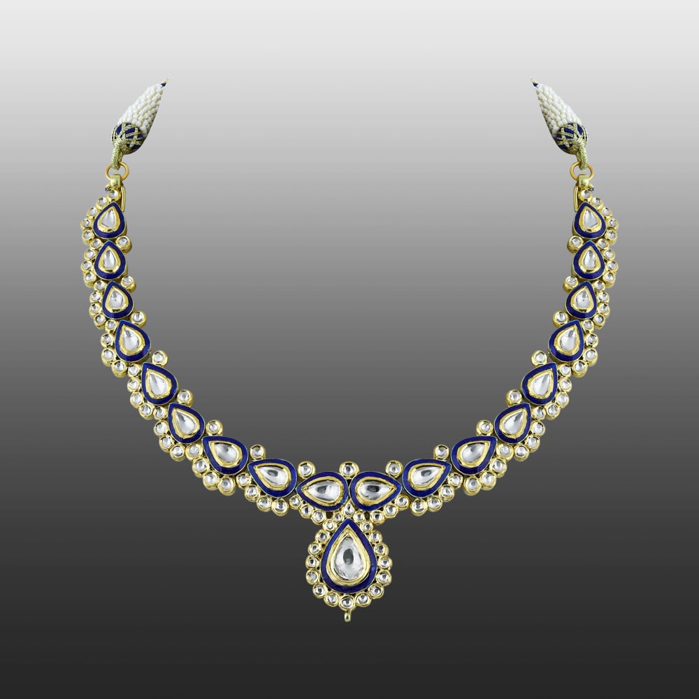 Polki Necklace with Blue Enamel Border